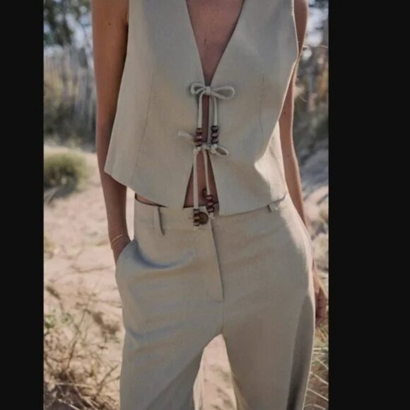 NWT ZARA 2 PIECES MATCH SET LINEN BLEND VEST WITH BEADED BOWS + WIDE LEG PANTS